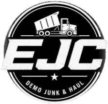 EJC Demo Junk & Haul logo: a dump truck above the letters EJC on a black circular badge